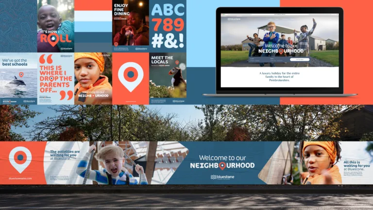 collage of campaign look and feel including photography, brand assets and digital banners.